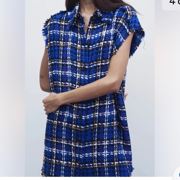 NWT. Zara Blue Check Textured Weave Mini Dress. Size L - Picture 2 of 2